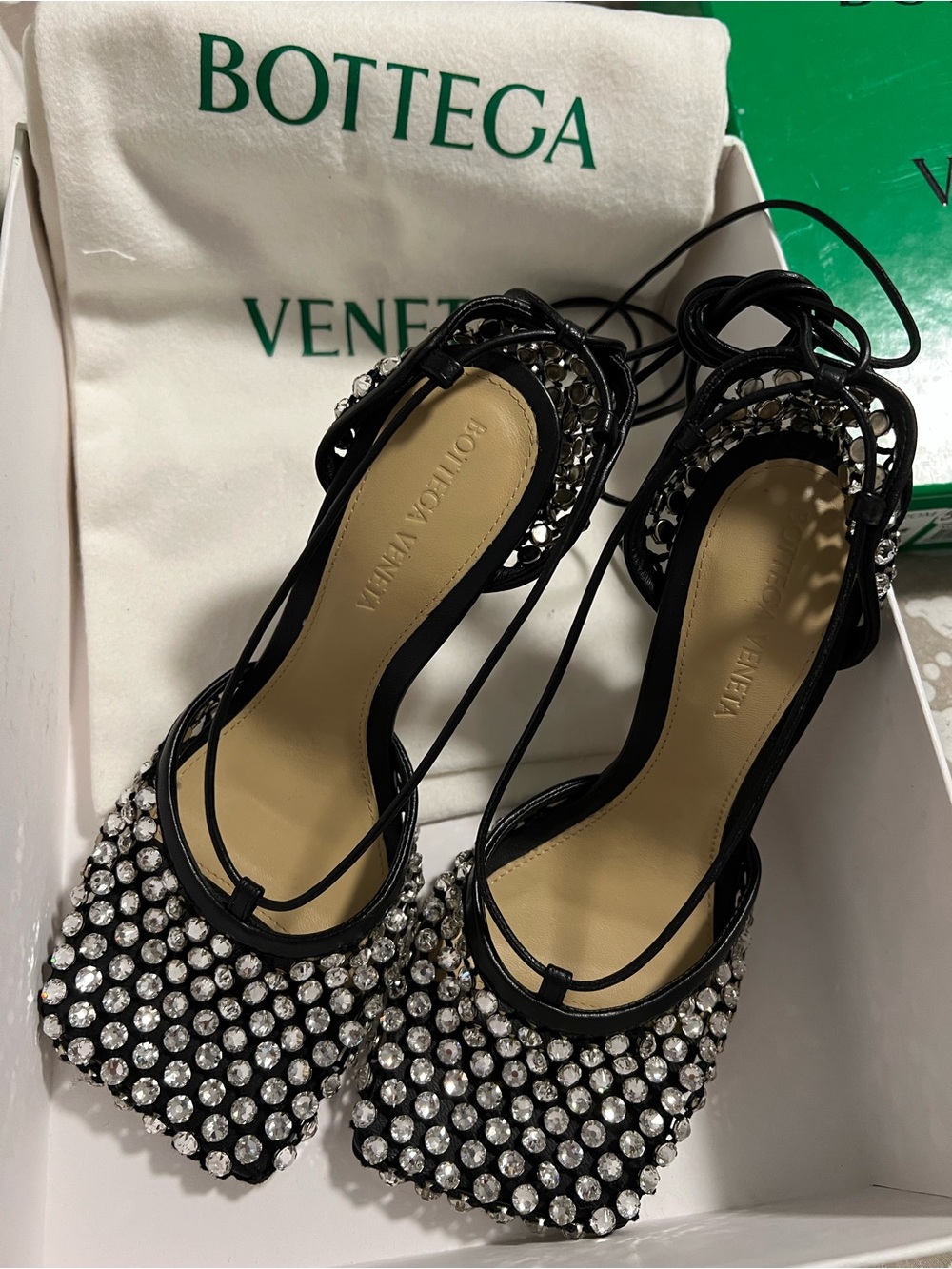 Bottega Veneta Black Crystal-Embellished Lace-Up Heels